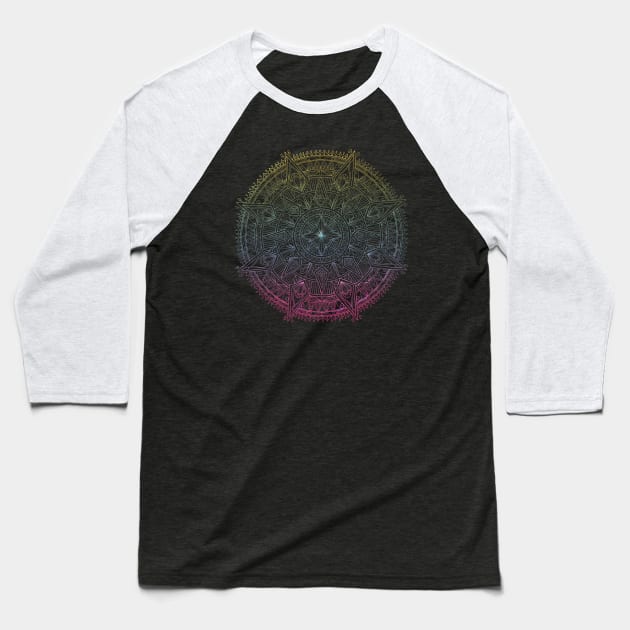 Colorful Mandala on Black Baseball T-Shirt by Megrasaurous